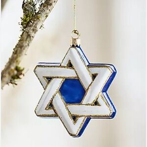 Star of David Glass Holiday Ornament Blue White Gold